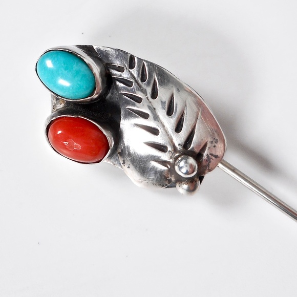 VTG Navajo Roy Vandever Signed Turquoise Coral Stick Pin Sterling Silver Brooch - Picture 1 of 7